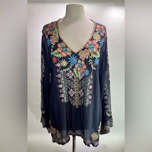 Johnny Was C194214 Dark Grey Long Sleeve Embroidered  Boho-Chic Blouse Womens XL